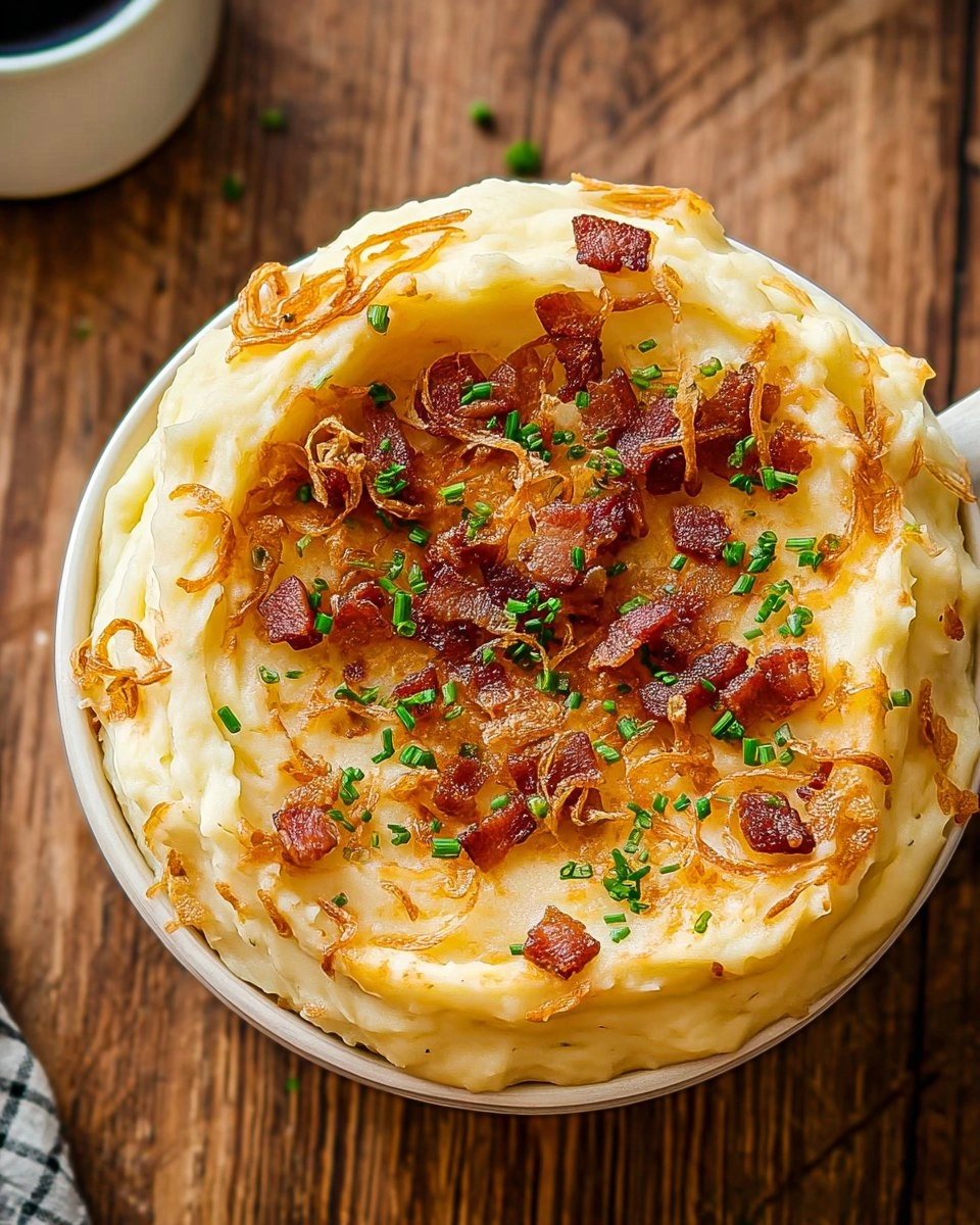 Cheesy Loaded Mashed Potatoes with Crispy Shallots and Pancetta
