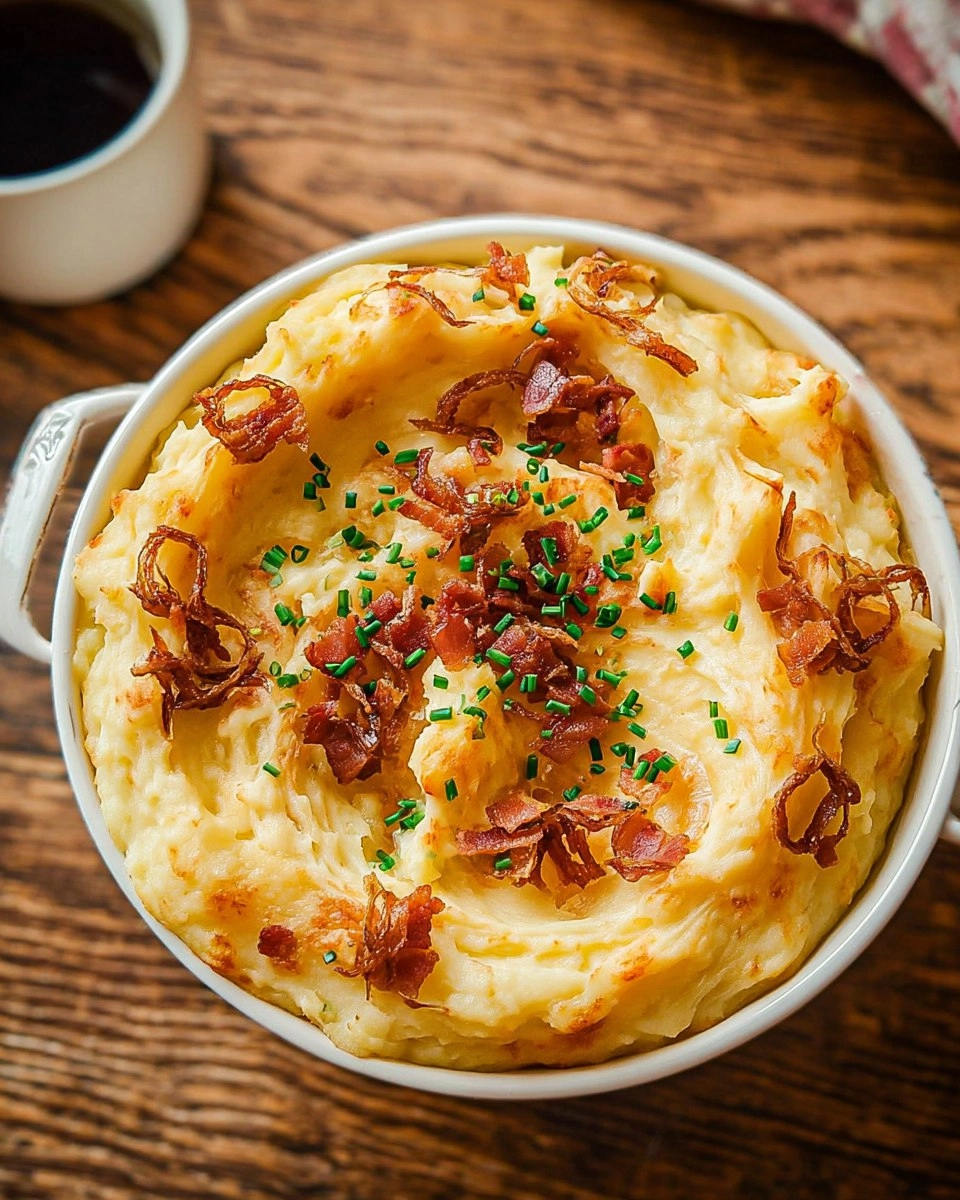 Cheesy Loaded Mashed Potatoes with Crispy Shallots and Pancetta