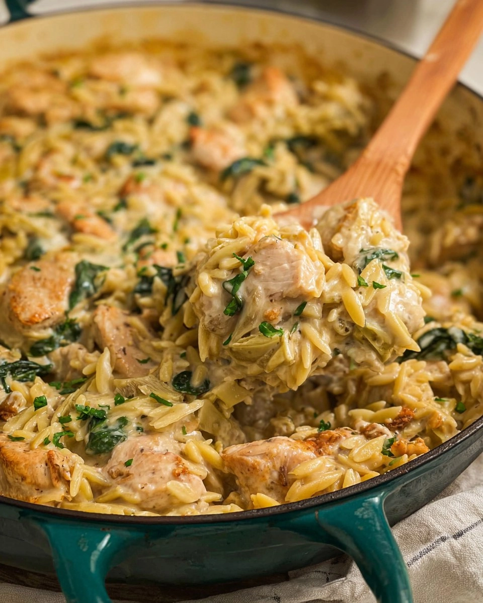 One Pan Spinach Artichoke Chicken Orzo
