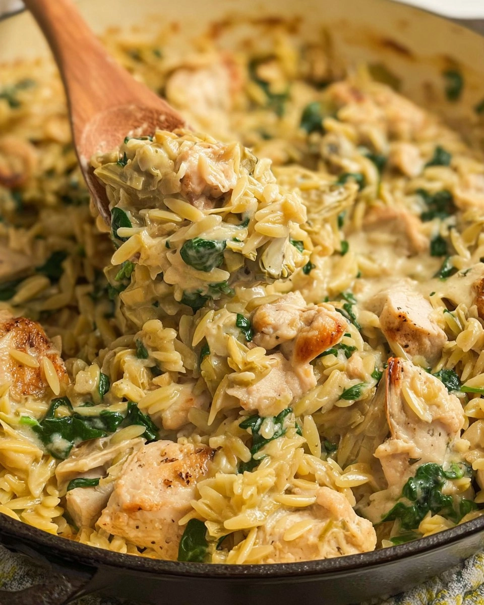 One Pan Spinach Artichoke Chicken Orzo