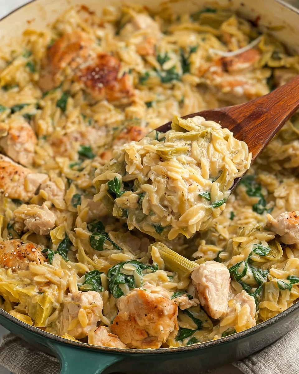 One Pan Spinach Artichoke Chicken Orzo