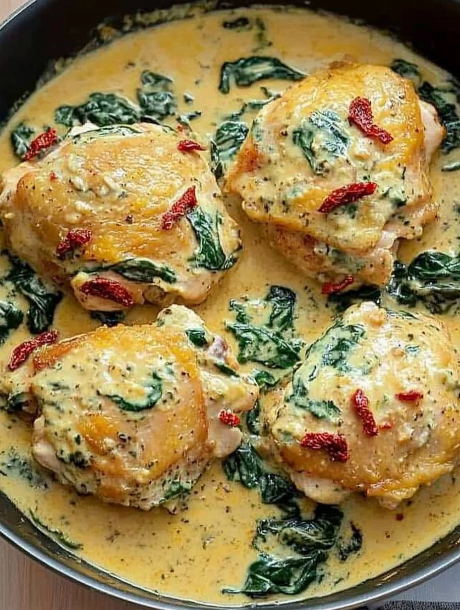 One-Pan Creamy Tuscan Chicken Thighs with Spinach & Sun-Dried Tomatoes