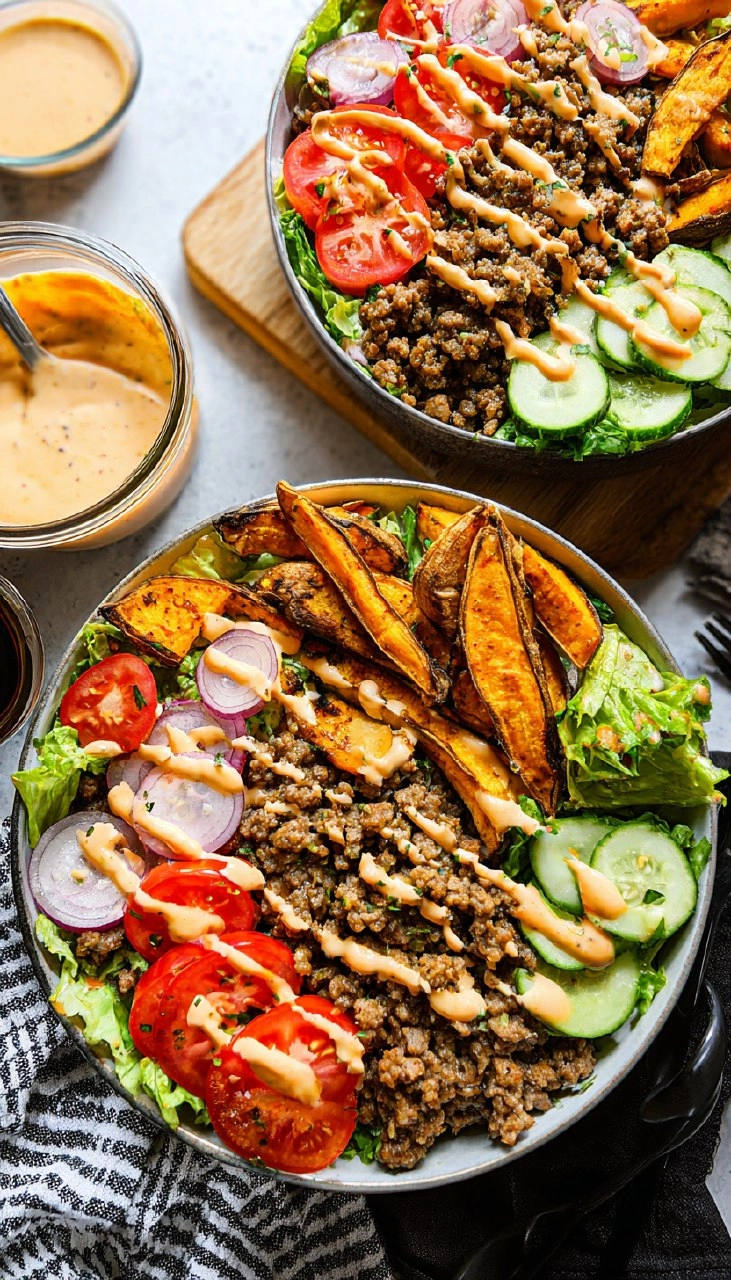 Burger Bowls with Chipotle Ranch Sweet Potato Fries 120 Burger Bowls with Chipotle Ranch Sweet Potato Fries