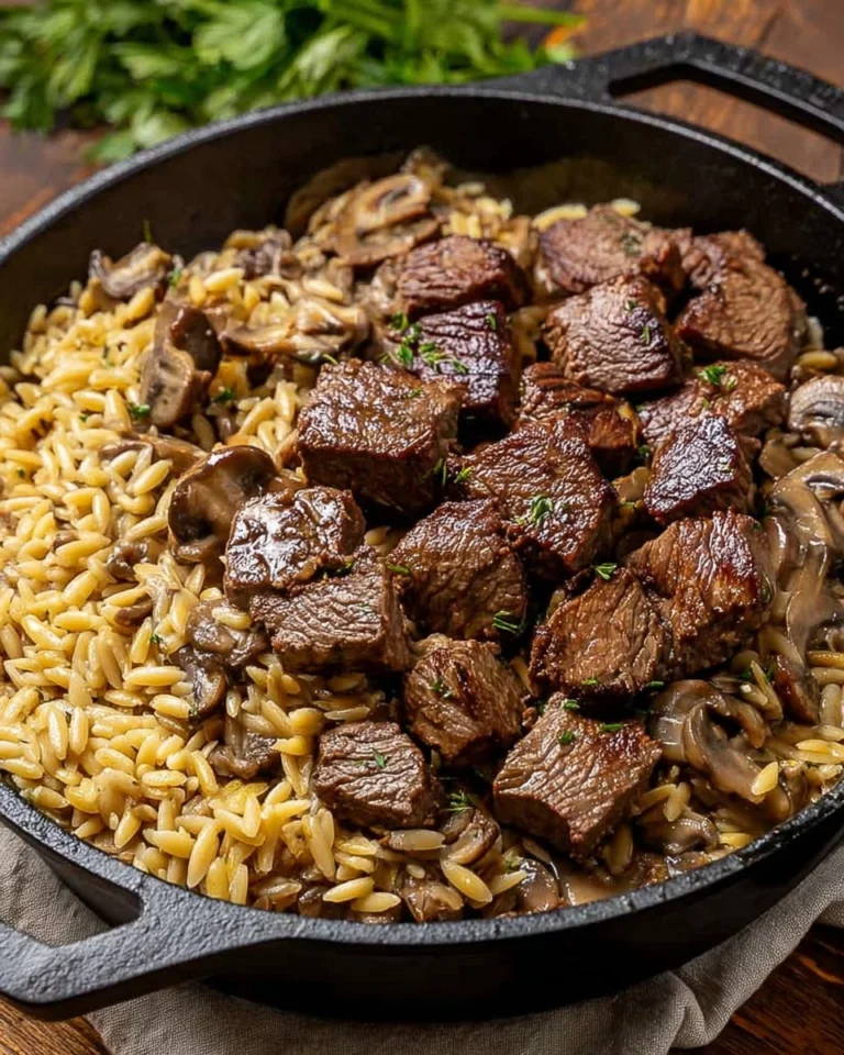 Steak-Bites-with-Creamy-Mushroom-Orzo-Recipe