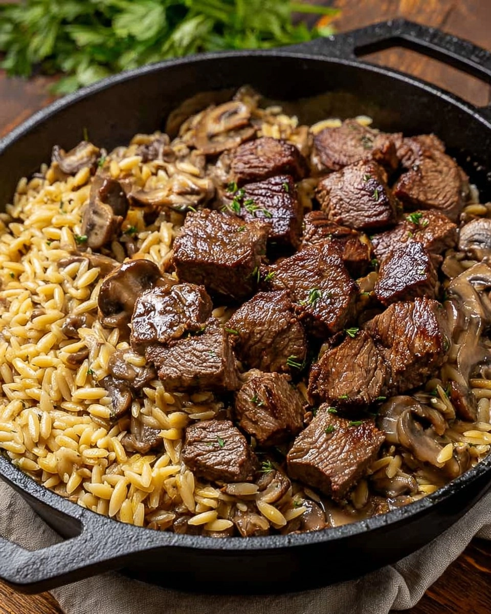 Steak Bites with Creamy Mushroom Orzo
