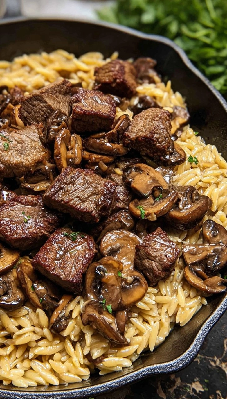 Steak Bites with Creamy Mushroom Orzo