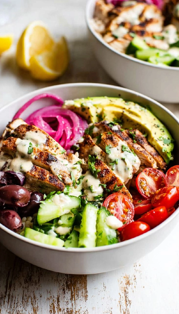Greek Chicken Bowls with Lemon Garlic Tahini Sauce (Healthy Mediterranean Bowls)